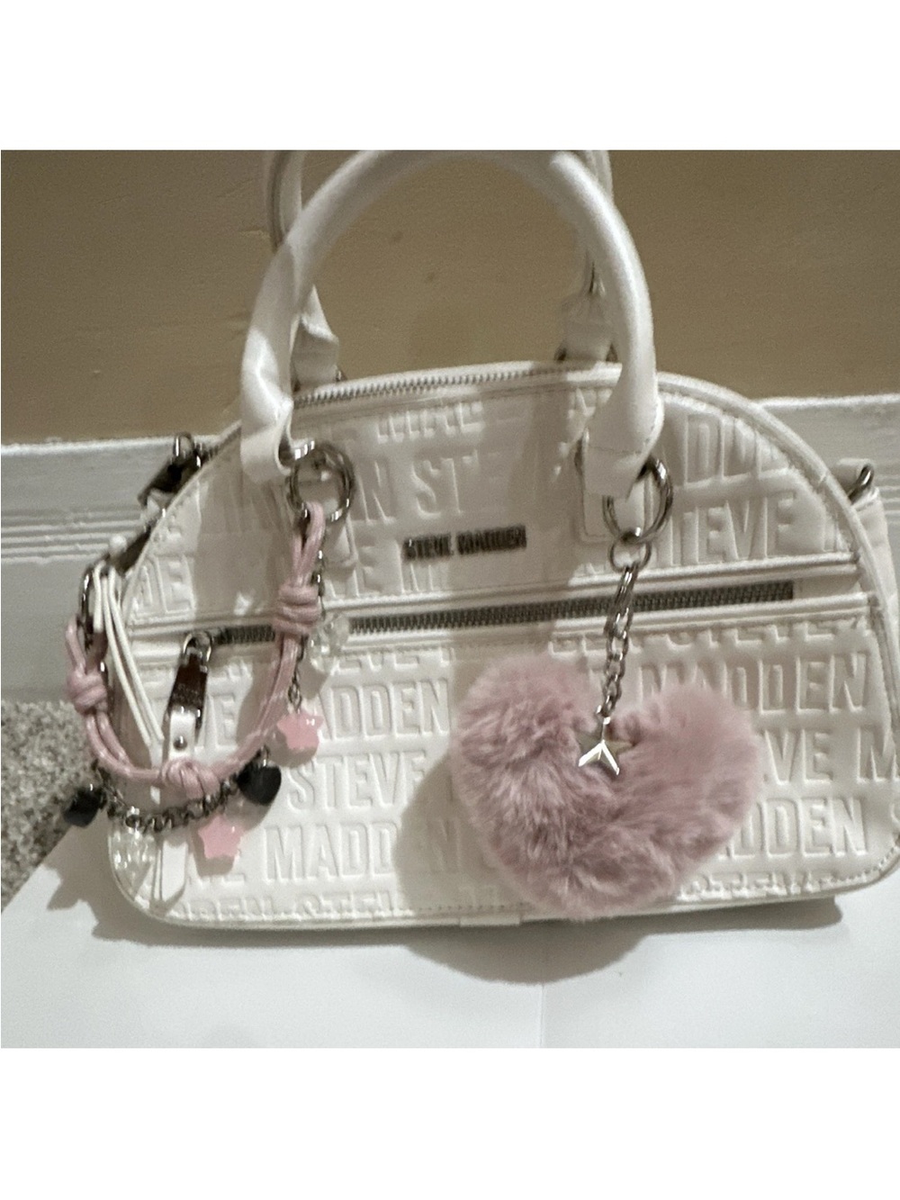 Steve Madden White Embossed Satchel with Pink Heart Charm and Strap Accents